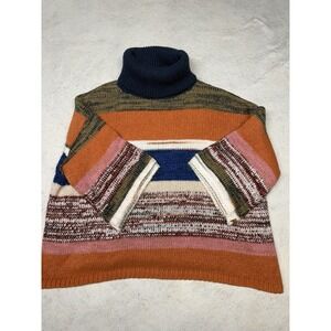 Knox Rose Women's Orange Blue Striped Boxy Cowl Neck Short Sleeve Sweater Size L